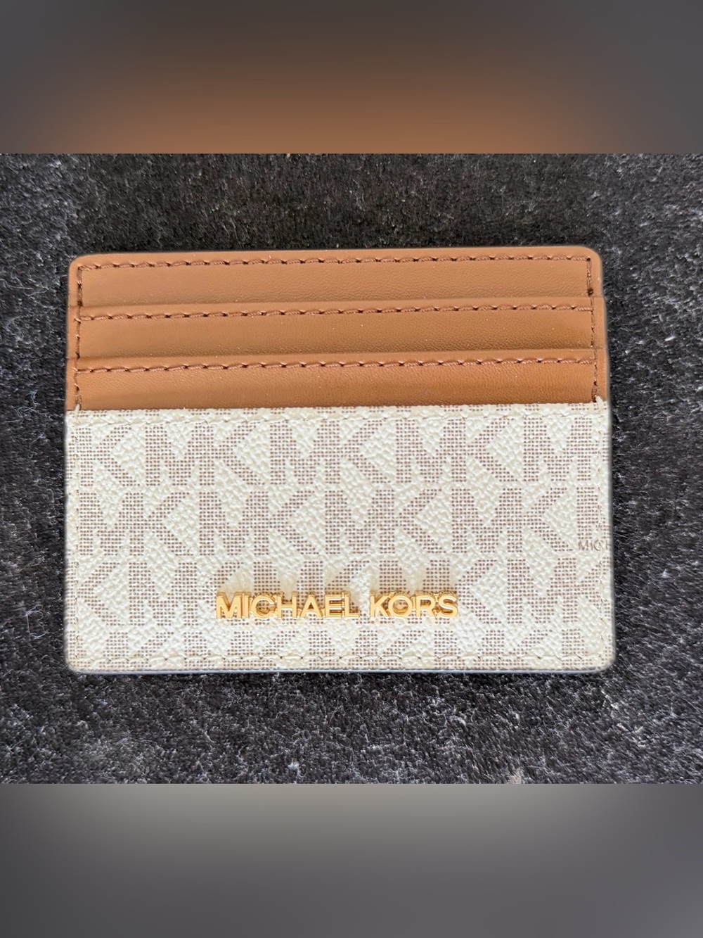 Michael Kors Cream Logo Card Holder with Tan Leather Trim